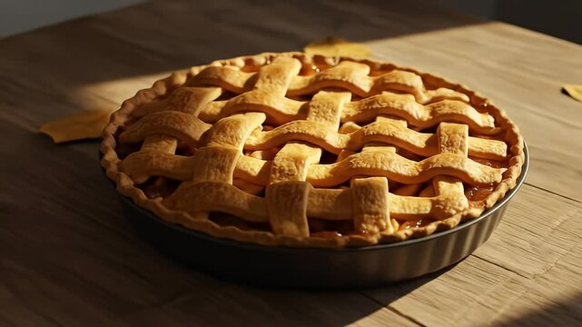 Golden Apple Pie with Lattice Crust on Wooden Table with Fall Leaves under Warm Sunlight in a Rustic Kitchen Scene