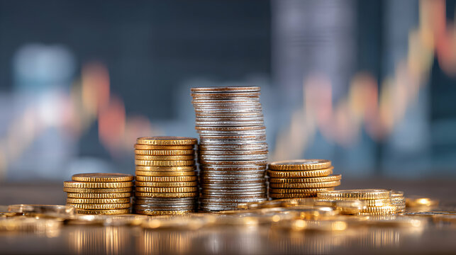 Stacks of gold and silver coins symbolize investment growth and financial success with market data