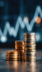 Stacks of coins on a dark surface suggesting growth and financial success with blurred graph background