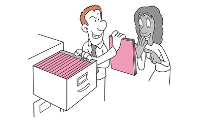 Man presenting documents to a smiling woman