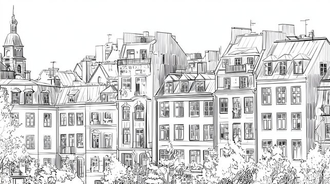 Fototapeta an urban landscape featuring a row of townhouses with pointed rooftops, characteristic of european architecture, situated along a narrow street lined with parked cars