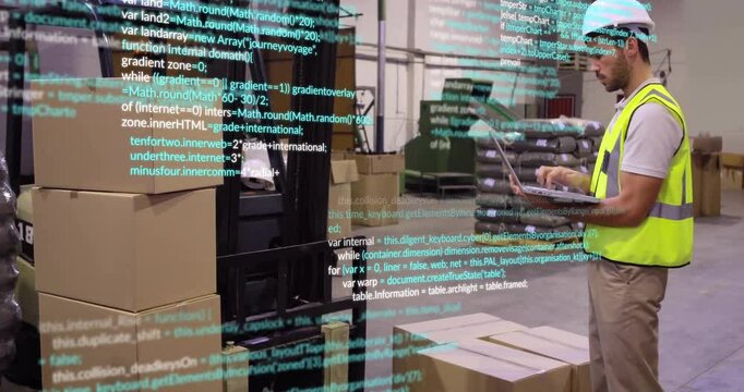 Warehouse technician raising laptop and entering stock data for forklift pallet inventory check - Powered by Adobe