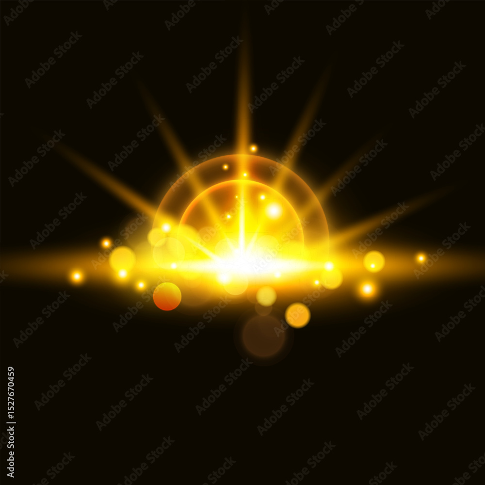Poster Abstract Glowing Golden Light Burst with Bokeh Effects and Lens Flares. Vector illustration.