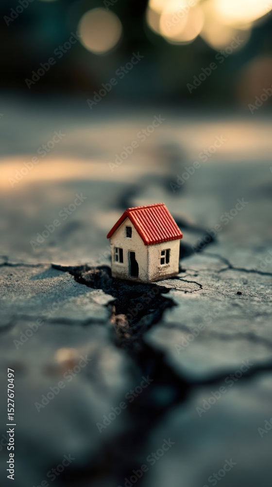 Poster miniature house standing precariously on cracked ground, symbolizing the devastating impact of an ea