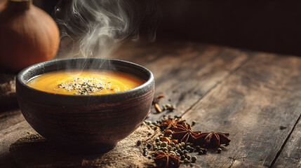 A bowl of hot pumpkin soup on a wooden table with spices and an onion in the background