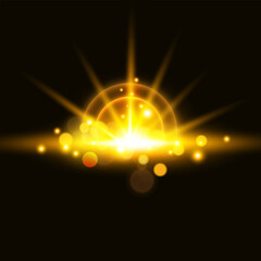 Abstract Glowing Golden Light Burst with Bokeh Effects and Lens Flares. Vector illustration.