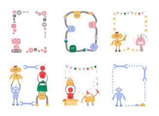 Childish decorative frames with cute robot funny droids funky futuristic machinery isolated set