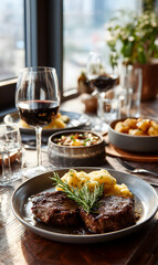 Elevated dining experience featuring a succulent steak dinner with wine and elegant urban backdrop