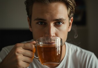 close up photo of a young man drinking a glass of warm tea