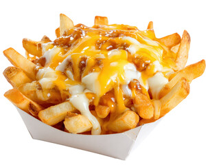 Cheesy loaded fries topped with savory chili and creamy sauce, served in white container, create delicious and indulgent snack. Perfect for sharing or enjoying alone