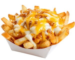 Cheesy loaded fries topped with savory chili and creamy sauce, served in white container, create delicious and indulgent snack. Perfect for sharing or enjoying alone