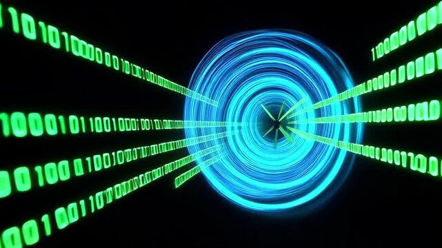 Concentric energy waves collide with flowing data streams, scattering binary sequences in neon hues. High-tech abstract design with futuristic motion effects.