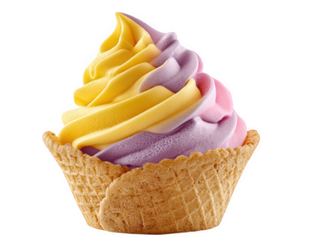 Delicious pastel ice cream swirled in vibrant colors, served in crispy waffle cone, evokes sense of joy and indulgence. Perfect for warm days and sweet cravings