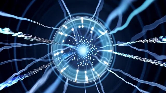 Glowing atomic particles pulse in a transparent chamber, emitting blue-white concentric energy waves in a precise spiral pattern against a deep black backdrop.