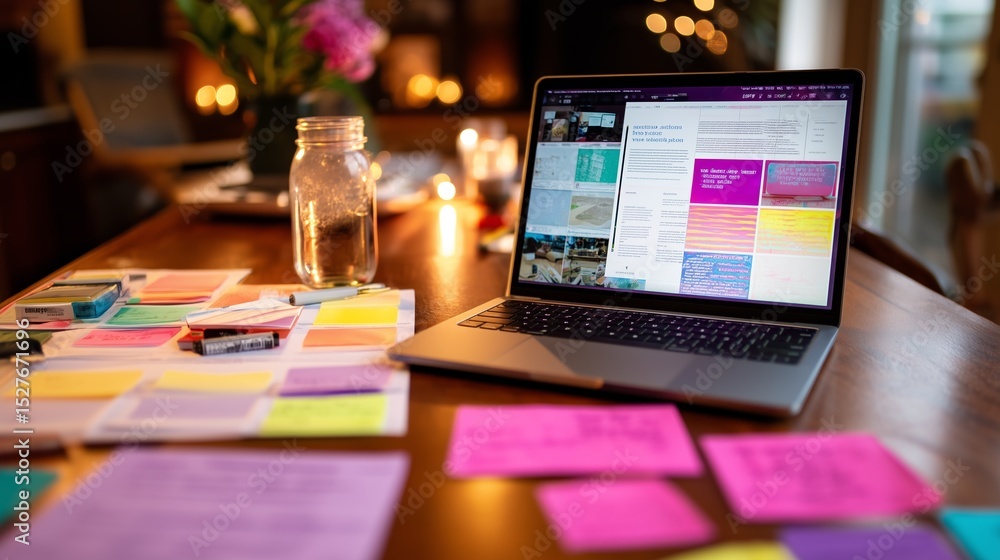 Poster workspace filled with colorful sticky notes and a laptop in a cozy, illuminated setting during eveni