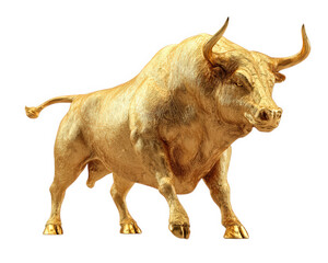 Realistic golden bull sculpture stands majestically, showcasing intricate details and lifelike appearance. Its powerful stance and gleaming surface evoke sense of strength and elegance