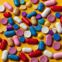 Assorted Colorful Pills and Capsules on Yellow Background