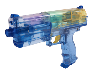 Colorful water gun with transparent design, showcasing intricate internal mechanisms. This playful object is perfect for summer fun and outdoor activities, bringing joy and excitement to users