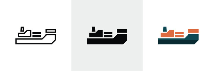 Cargo Ship Icon Set Outline, Silhouette, and Colorful Minimalist Illustration