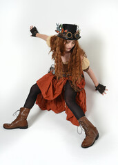 Full length walking portrait Steampunk Botanist, mad scientist, female model in Victorian Costume...