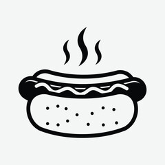 Stylized black and white vector of a hot dog with mustard and steam. Minimalist design, clean lines, perfect for food icons, prints, or digital use.