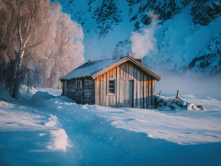 A cozy cabin in the woods with smoke coming from the chimney, snow outside