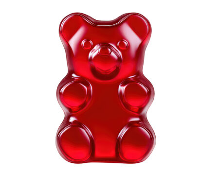 Vibrant red gummy bear candy, realistic and glossy, stands upright against transparent background, showcasing its playful and fun design. This delightful treat is perfect for sweet lovers