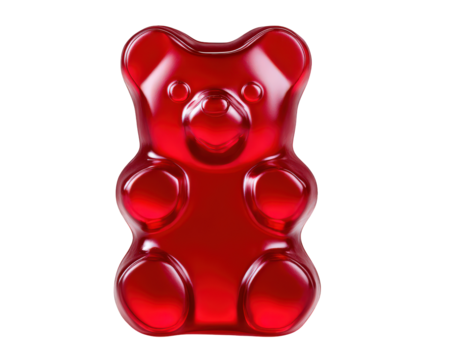 Vibrant red gummy bear candy, realistic and glossy, stands upright against transparent background, showcasing its playful and fun design. This delightful treat is perfect for sweet lovers - Powered by Adobe