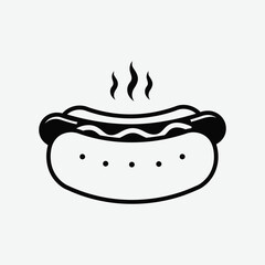 Stylized black and white vector of a hot dog with mustard and steam. Minimalist design, clean lines, perfect for food icons, prints, or digital use.