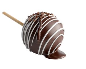 Delicious cake pop coated in rich chocolate, drizzled with white icing, and topped with chocolate sprinkles, perfect for celebrations and sweet treats