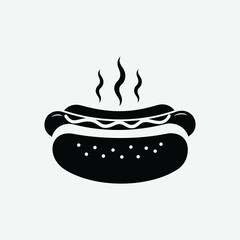 Stylized black and white vector of a hot dog with mustard and steam. Minimalist design, clean lines, perfect for food icons, prints, or digital use.