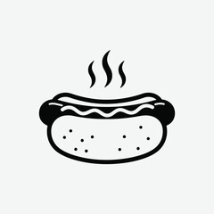 Stylized black and white vector of a hot dog with mustard and steam. Minimalist design, clean lines, perfect for food icons, prints, or digital use.