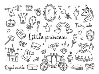 Little princess fairytale doodles set with cute fantasy decorative elements and royal castle