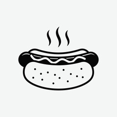 Stylized black and white vector of a hot dog with mustard and steam. Minimalist design, clean lines, perfect for food icons, prints, or digital use.