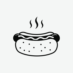 Stylized black and white vector of a hot dog with mustard and steam. Minimalist design, clean lines, perfect for food icons, prints, or digital use.