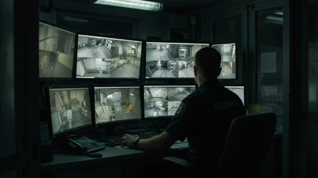 Security Guard Watching Monitors in Lonely Booth at 3am, Night Shift Vigilance