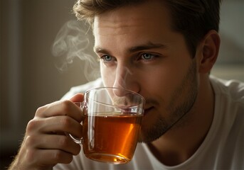 close up photo of a young man drinking a glass of warm tea