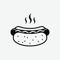 Stylized black and white vector of a hot dog with mustard and steam. Minimalist design, clean lines, perfect for food icons, prints, or digital use.