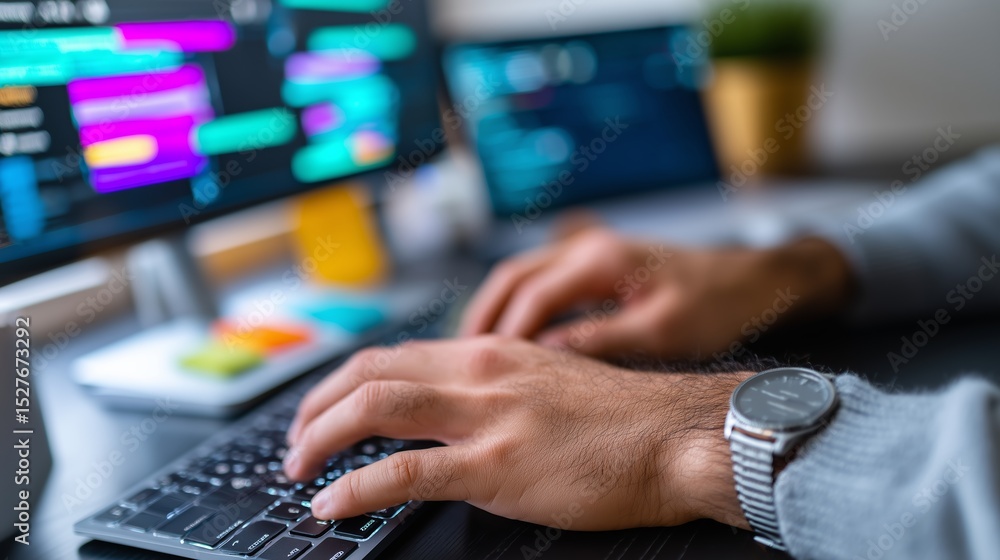 Poster working on a coding project at a modern desk with dual monitors in a well-lit room during daytime