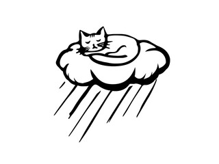 Sleeping cat on cloud with rain, minimalistic vector sketch, cute animal weather concept