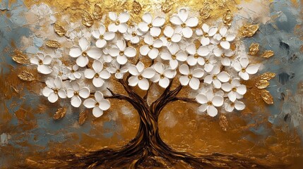 3D wallpaper depicting an oil painting of a tree of life with white flowers and golden leaves against a fantasy art style background.
