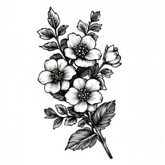 A black and white drawing of a flower with a stem