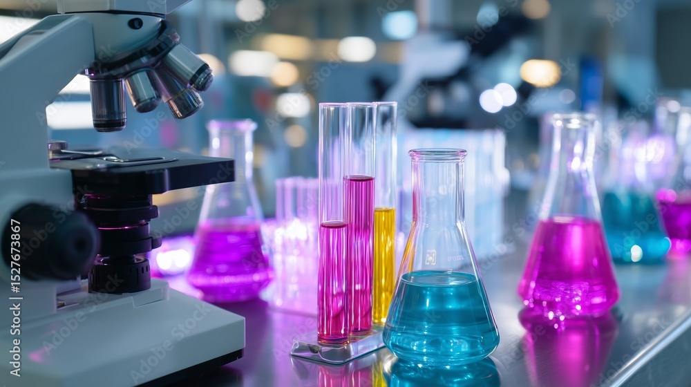 Poster colorful laboratory glassware displayed next to a microscope during a scientific experiment in a mod