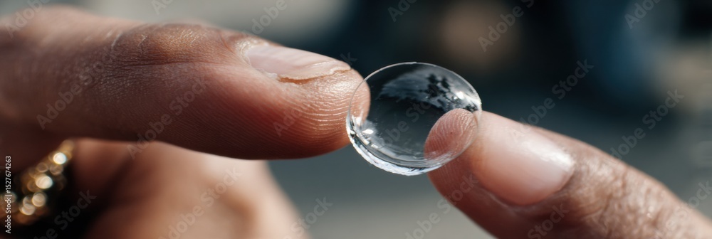 Aufkleber close-up view of transparent lens gently balanced on fingertip with clear details and reflections vi