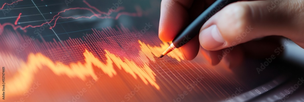 Aufkleber businessman analyzing seismic activity graphs with a pen, emphasizing the significance of monitoring
