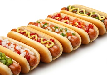 Assorted hot dogs with toppings isolated on white background
