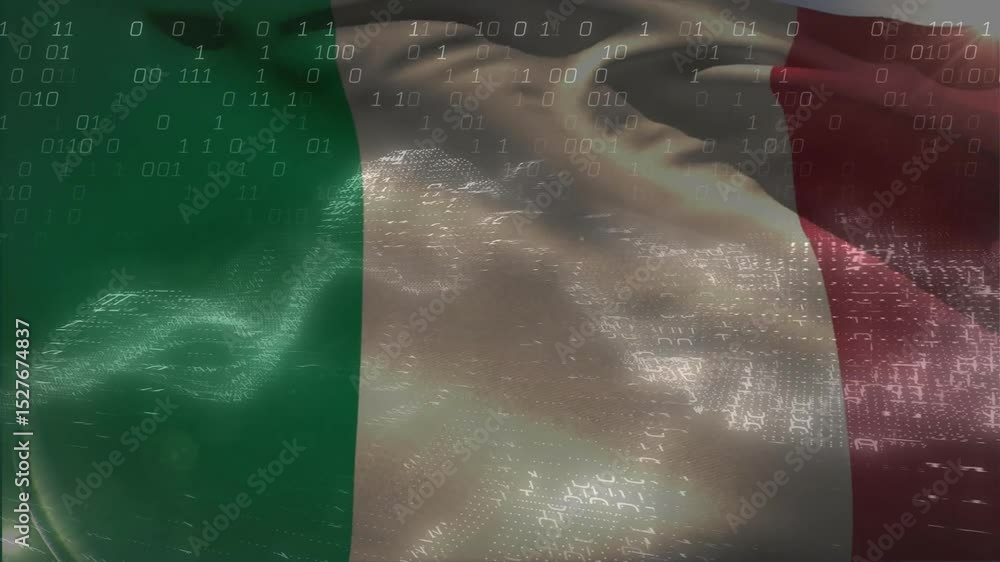 Poster breeze driving tricolor flag waving as binary code streaming then receding showing data integration