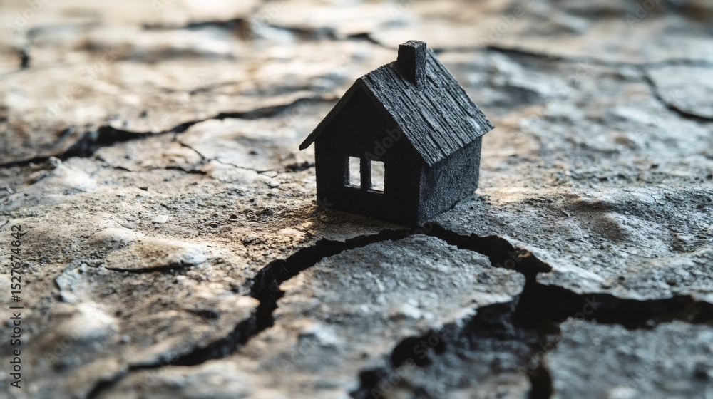 Poster miniature house placed on cracked and dry soil represents the devastating impact of earthquakes on h