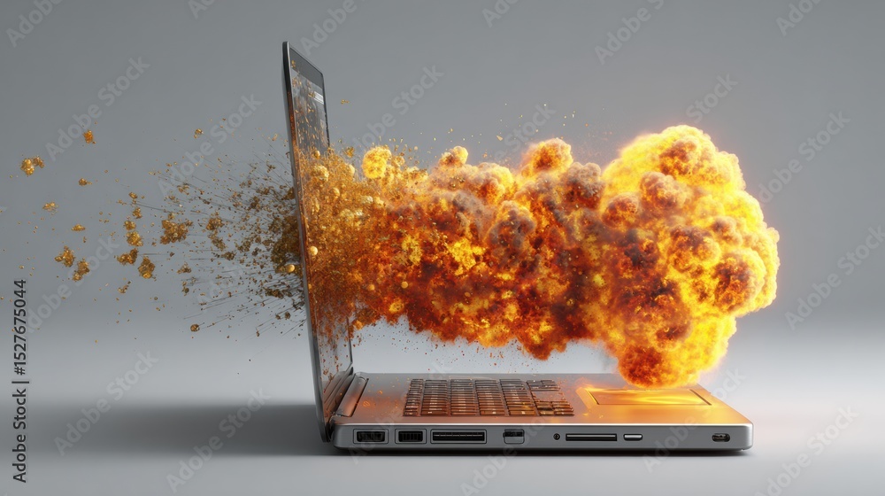 Poster Warning Popup Explosion From Fake Antivirus Software on Laptop Screen Causing Chaos and Confusion in a Digital Environment