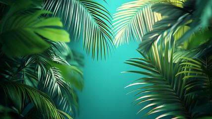 Fototapeta premium Lush green tropical foliage composition on turquoise background perfect for summer designs